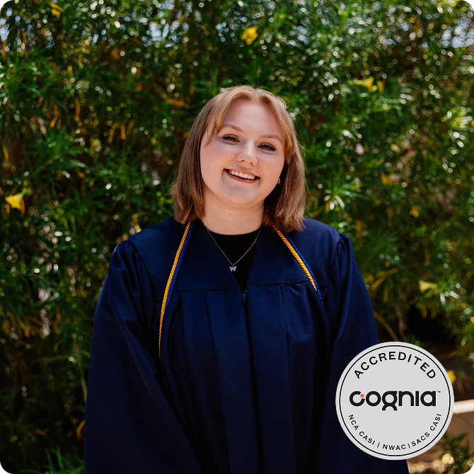 Graduated student and COGNIA logo